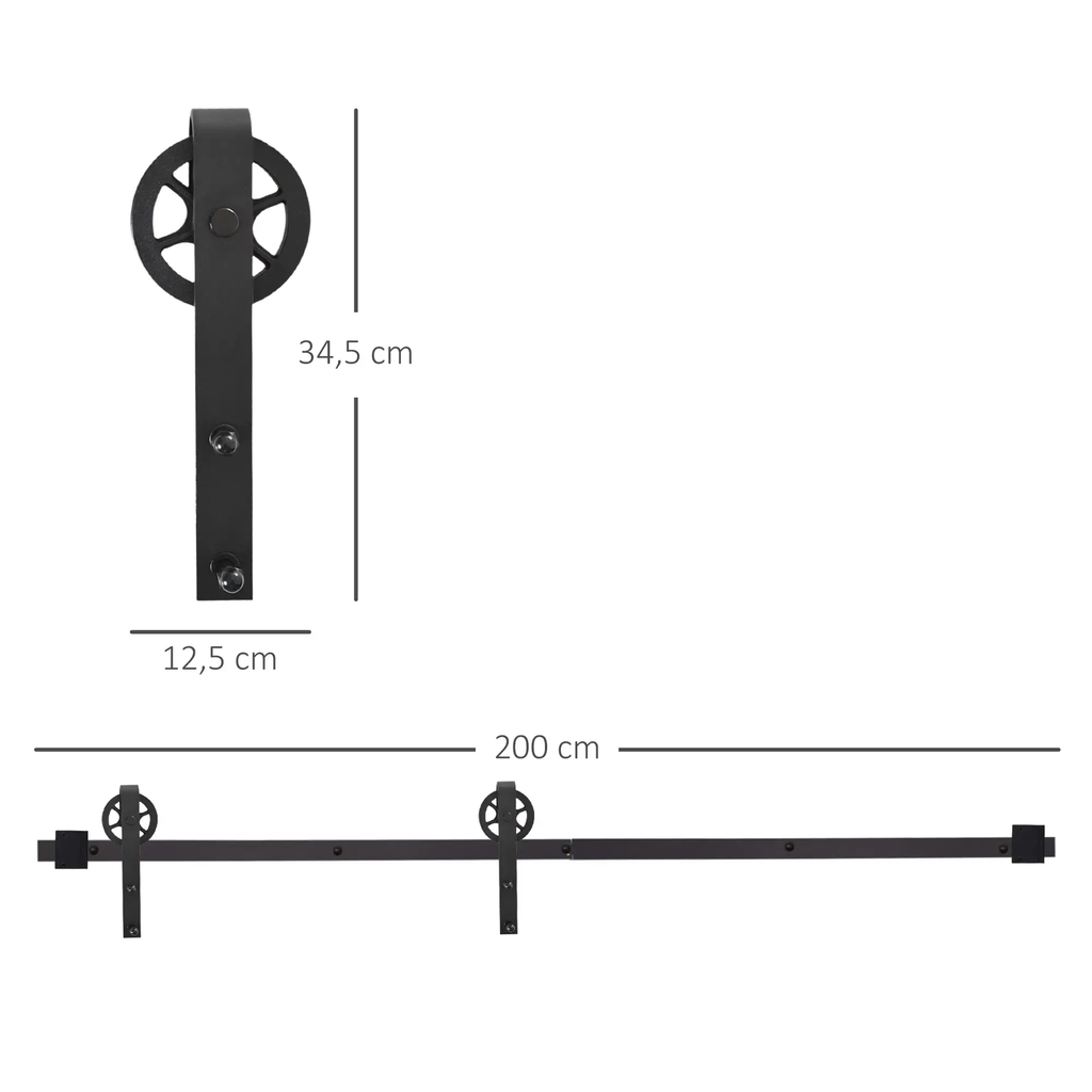 Herraje 200cm Puerta Granero de Madera Corredera  Kit de Accesorios Guía de Riel con Tornillos Acero al Carbono Negro Mate